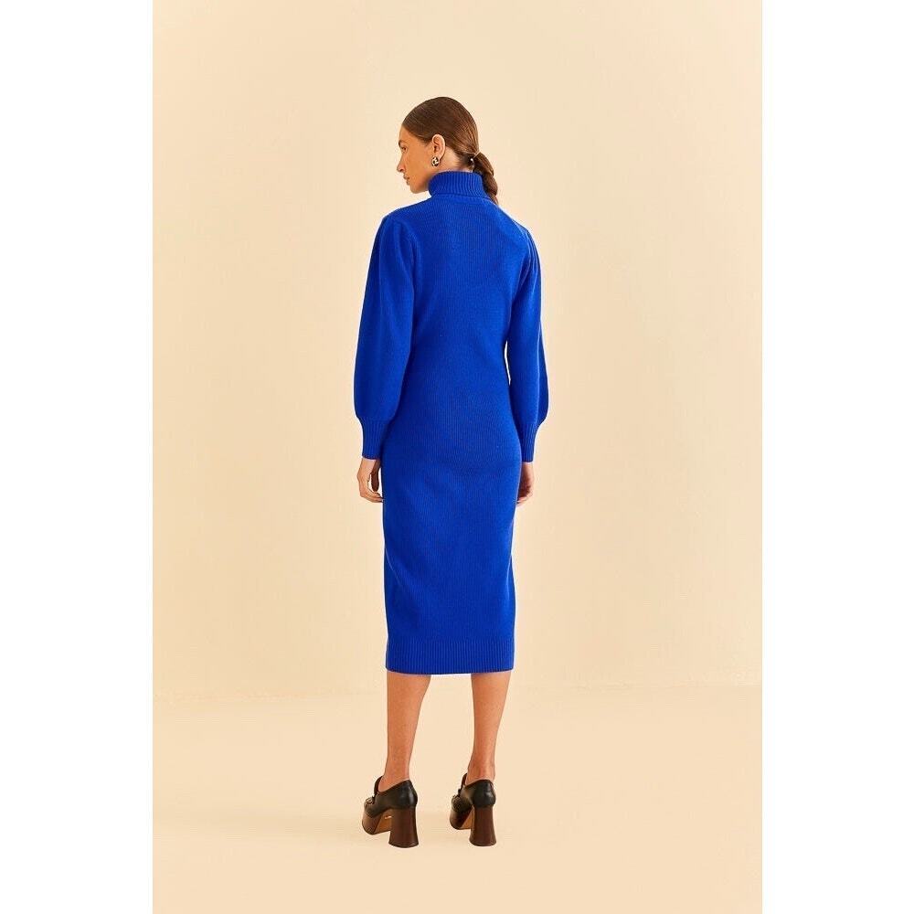 Farm Rio Bright Blue Ribbed Knit Heart Cutout‎ Turtleneck Sweater Midi Dress NEW - Picture 4 of 16